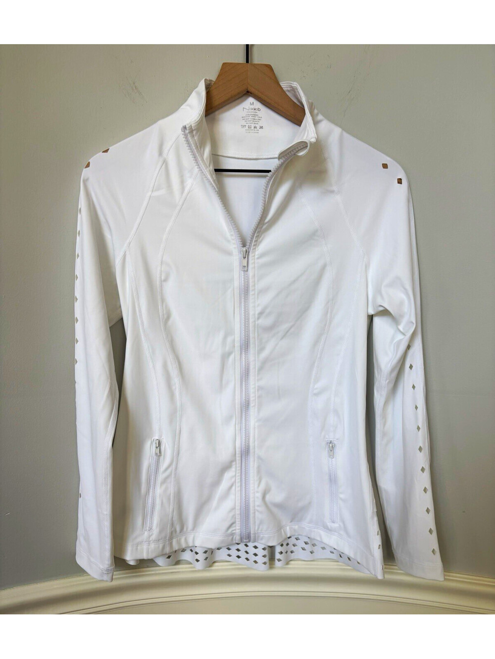 Nikkib Sportswear Peplum Laser Jacket in White M Full Zip Athletic Fit